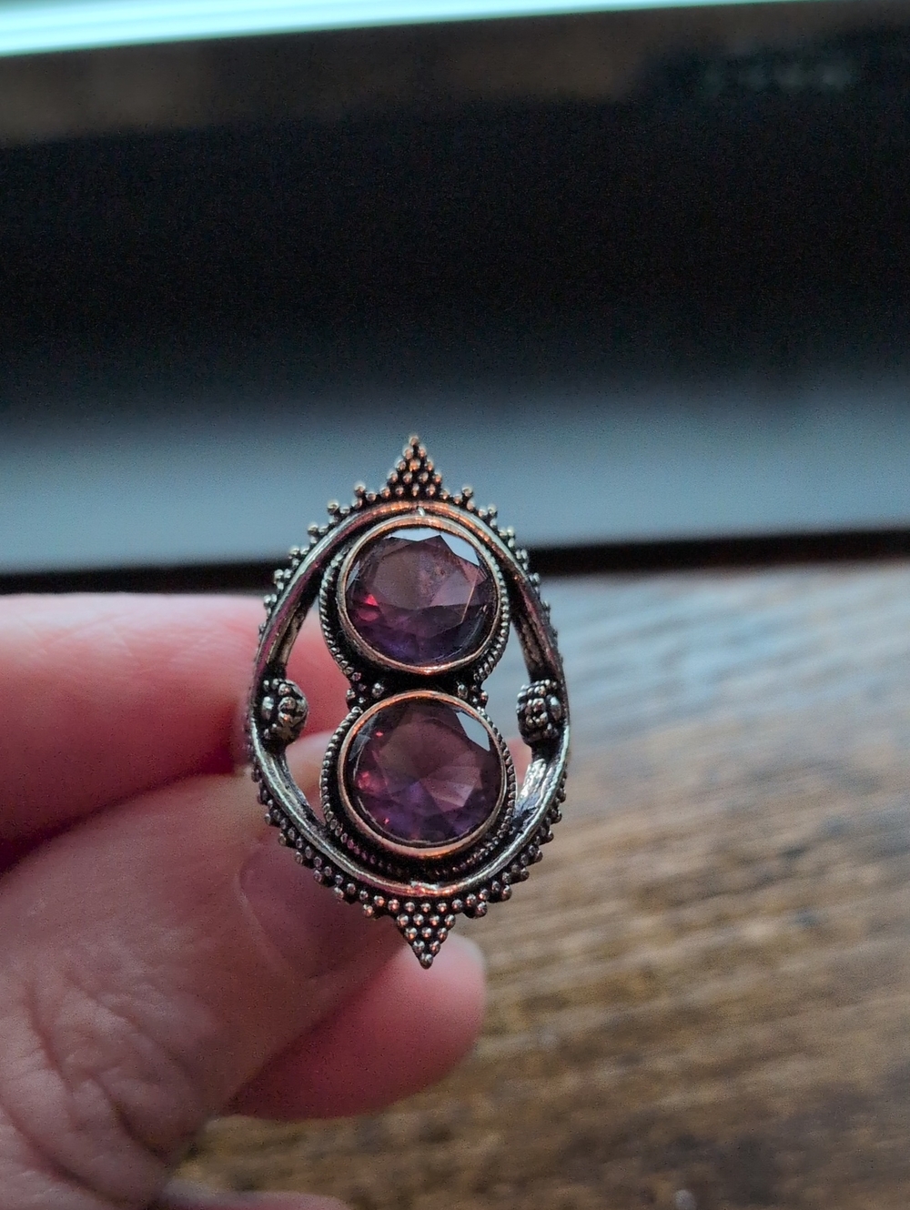 Sterling-Style Amethyst Double Stone Ring - Purple